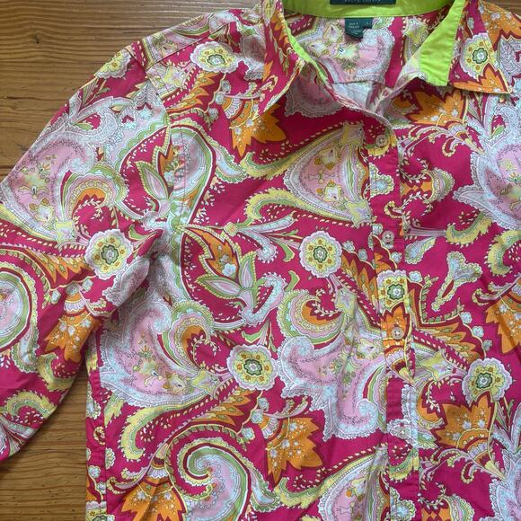 Ralph Lauren red pink paisley quarter sleeve button up womens shirt SIZE L - Picture 3 of 5
